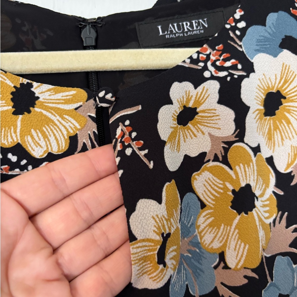 Ralph Lauren Summer Midi Dress Yellow & Blue Floral Print w Belt and Ruffle - Picture 10 of 12